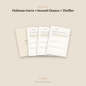 May include: A digital story outline template featuring 15 pages with the text Fichtean Curve x Second Chance x Thriller at the top and Daelin Creations at the bottom. The document displays multiple white pages with structured sections for writing.