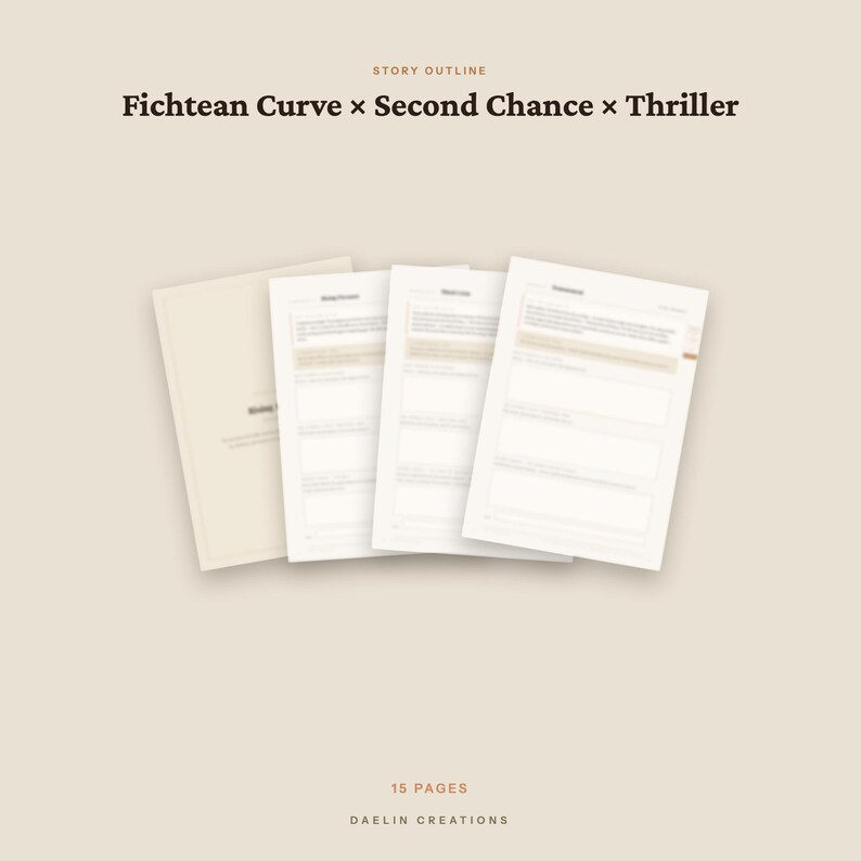 May include: A digital story outline template featuring 15 pages with the text Fichtean Curve x Second Chance x Thriller at the top and Daelin Creations at the bottom. The document displays multiple white pages with structured sections for writing.