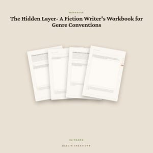 以下が含まれることがあります： 「The Hidden Layer- A Fiction Writer's Workbook for Genre Conventions」というタイトルのワークブック。印刷されたテキストと線が入った4枚の白いページが重なっており、合計24ページで構成されています。ベージュの背景にDaelin Creationsのブランド名が記載されています。
