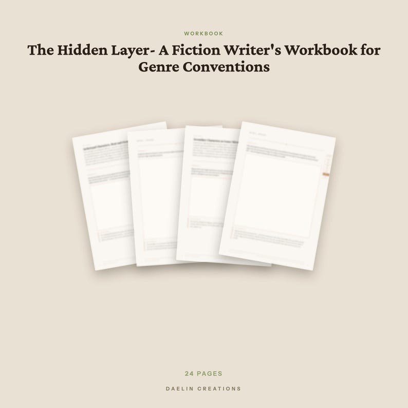 以下が含まれることがあります： 「The Hidden Layer- A Fiction Writer's Workbook for Genre Conventions」というタイトルのワークブック。印刷されたテキストと線が入った4枚の白いページが重なっており、合計24ページで構成されています。ベージュの背景にDaelin Creationsのブランド名が記載されています。