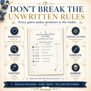 May include: A white informational chart titled DON'T BREAK THE UNWRITTEN RULES featuring a central checklist for reader expectations by genre. It includes icons and text for romance, mystery, fantasy, science fiction, thriller, and horror genres.