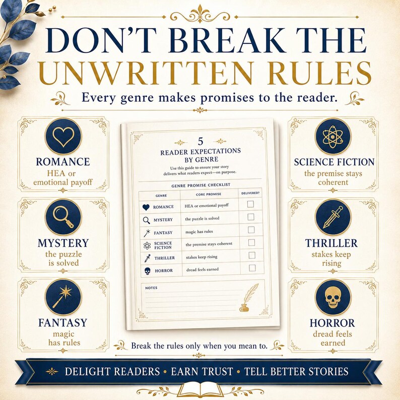 May include: A white informational chart titled DON'T BREAK THE UNWRITTEN RULES featuring a central checklist for reader expectations by genre. It includes icons and text for romance, mystery, fantasy, science fiction, thriller, and horror genres.