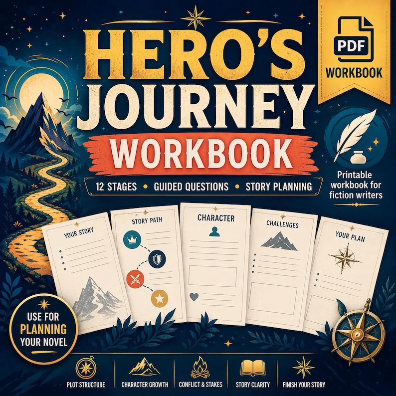 May include: A digital workbook titled "Hero's Journey Workbook" with a mountain and moon illustration. The workbook includes sections for story planning, character development, and plot structure. The image also includes the text "Use for planning your novel."