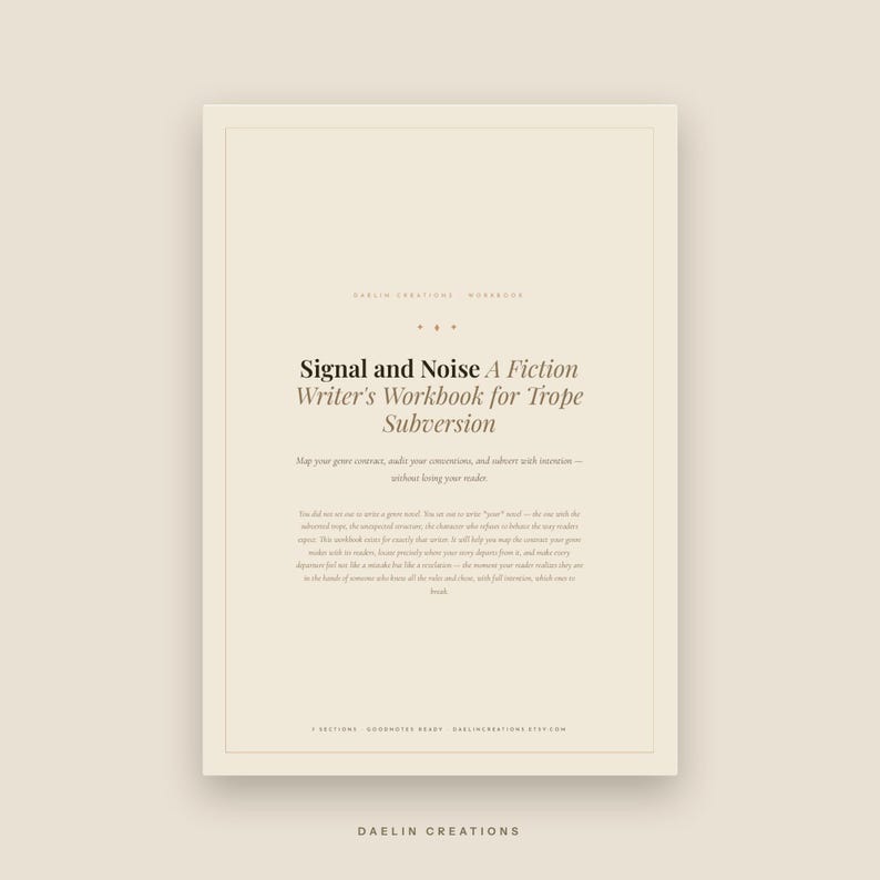 Peut inclure: Une couverture de cahier d'exercices beige intitul&eacute;e Signal and Noise: A Fiction Writer's Workbook for Trope Subversion. Le texte inclut un sous-titre sur la cartographie des conventions de genre et leur subversion, ainsi qu'un paragraphe explicatif.