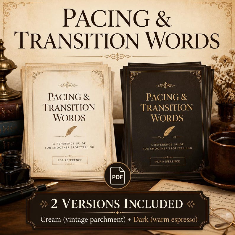 May include: A digital reference guide titled Pacing & Transition Words, featuring two versions: one with a cream vintage parchment background and one with a dark warm espresso background, both displaying the text A Reference Guide for Smoother Storytelling.