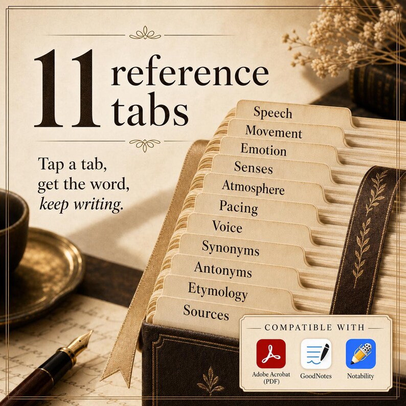 May include: A digital reference tool featuring 11 tabs labeled Speech, Movement, Emotion, Senses, Atmosphere, Pacing, Voice, Synonyms, Antonyms, Etymology, and Sources. The text reads 11 reference tabs. Tap a tab, get the word, keep writing. Compatible with Adobe Acrobat, GoodNotes, and Notability.