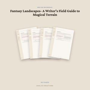 Może przedstawiać: Dokument cyfrowy zatytułowany Fantasy Landscapes- A Writer's Field Guide to Magical Terrain, zawierający cztery nakładające się na siebie białe strony z tekstem i jasnobeżową obw&oacute;dką. Dokument liczy 39 stron i jest oznaczony jako Daelin Creations.