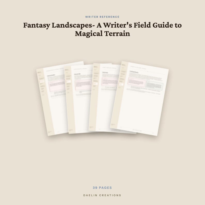 Może przedstawiać: Dokument cyfrowy zatytułowany Fantasy Landscapes- A Writer's Field Guide to Magical Terrain, zawierający cztery nakładające się na siebie białe strony z tekstem i jasnobeżową obw&oacute;dką. Dokument liczy 39 stron i jest oznaczony jako Daelin Creations.