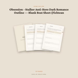 Op de afbeelding: Een digitaal sjabloon voor een verhaalopzet getiteld Obsession - Stalker Anti-Hero Dark Romance Outline &mdash; Blank Beat Sheet (Fichtean). De documentenset bevat een voorpagina en meerdere interne pagina's met gestructureerde secties om te schrijven, in totaal 15 pagina's.