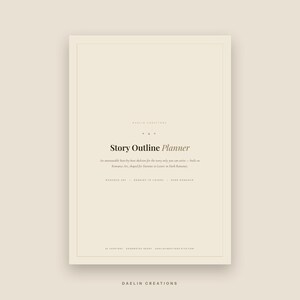 Op de afbeelding: Een beige digitale story outline planner met donkere tekst die Story Outline Planner, An annotatable beat-by-beat skeleton for the story only you can write, Romance Arc, Enemies to Lovers, Dark Romance, 11 Chapters, Goodnotes Ready leest.