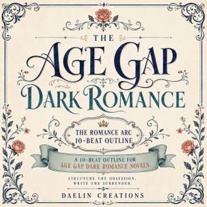 Pu&ograve; includere: Un grafico rettangolare con sfondo color crema e testo blu scuro che recita THE AGE GAP DARK ROMANCE, THE ROMANCE ARC 10-BEAT OUTLINE, A 10-BEAT OUTLINE FOR AGE GAP DARK ROMANCE NOVELS, STRUCTURE THE OBSESSION. WRITE THE SURRENDER. DAELIN CREATIONS.