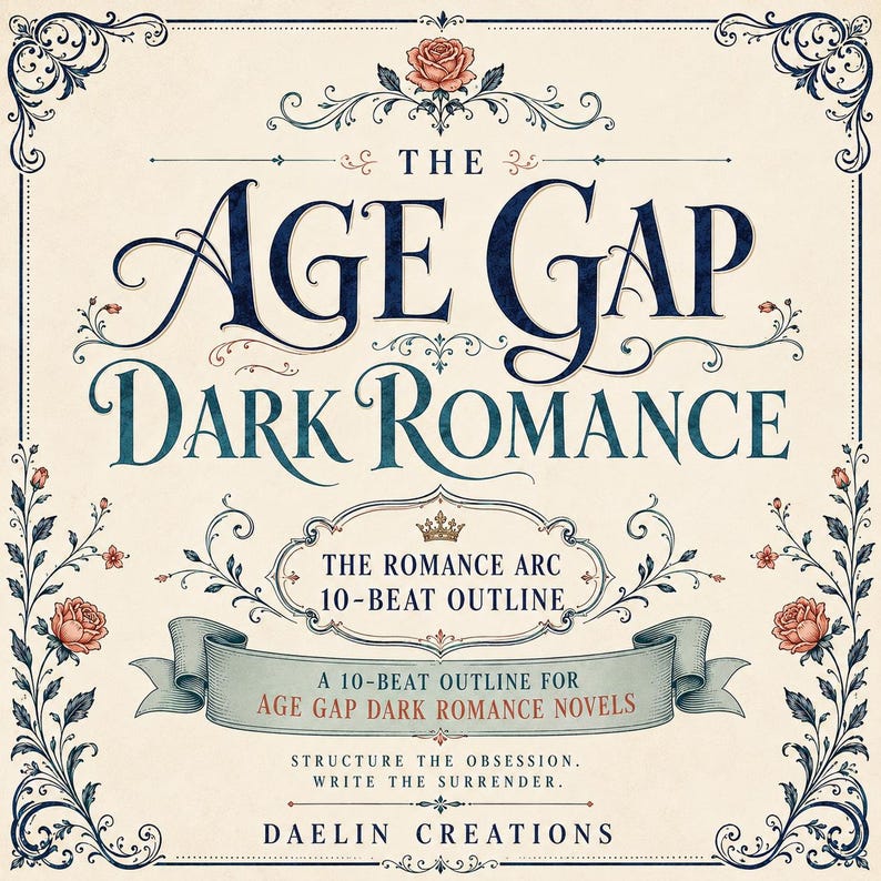 Pu&ograve; includere: Un grafico rettangolare con sfondo color crema e testo blu scuro che recita THE AGE GAP DARK ROMANCE, THE ROMANCE ARC 10-BEAT OUTLINE, A 10-BEAT OUTLINE FOR AGE GAP DARK ROMANCE NOVELS, STRUCTURE THE OBSESSION. WRITE THE SURRENDER. DAELIN CREATIONS.