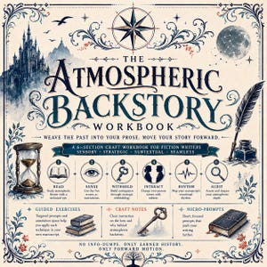 Pu&ograve; includere: Il manuale The Atmospheric Backstory Workbook presenta uno sfondo color crema con testo e illustrazioni blu scuro. Include una bussola, un castello, una luna, una clessidra, una penna d'oca e un calamaio. Sei icone numerate indicano i passaggi.