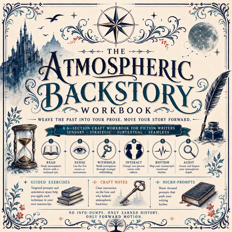 Pu&ograve; includere: Il manuale The Atmospheric Backstory Workbook presenta uno sfondo color crema con testo e illustrazioni blu scuro. Include una bussola, un castello, una luna, una clessidra, una penna d'oca e un calamaio. Sei icone numerate indicano i passaggi.