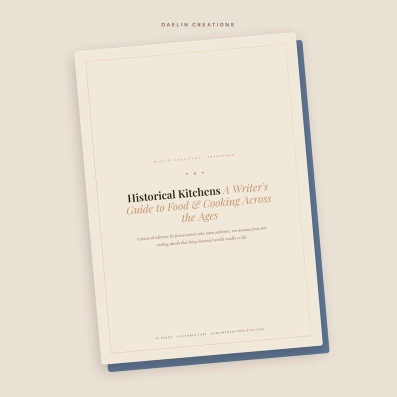 May include: A rectangular document with a cream-colored cover and a dark blue border. The text reads: Daelin Creations, Historical Kitchens A Writer's Guide to Food & Cooking Across the Ages, and a description of the guide for fiction writers.