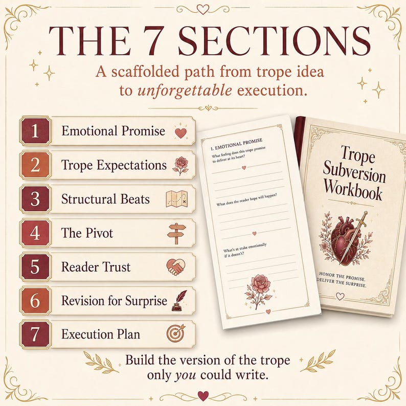 Pode incluir: Um Trope Subversion Workbook com uma ilustra&ccedil;&atilde;o de cora&ccedil;&atilde;o e espada, ao lado de uma lista de 7 se&ccedil;&otilde;es: Emotional Promise, Trope Expectations, Structural Beats, The Pivot, Reader Trust, Revision for Surprise e Execution Plan, com uma p&aacute;gina de exemplo.