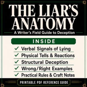 Pode incluir: Um guia de refer&ecirc;ncia em PDF imprim&iacute;vel intitulado The Liar's Anatomy: A Writer's Field Guide to Deception. O texto lista conte&uacute;dos incluindo Verbal Signals of Lying, Physical Tells & Reactions, Structural Deception, Wrong/Right Examples e Practical Rules & Craft Notes.
