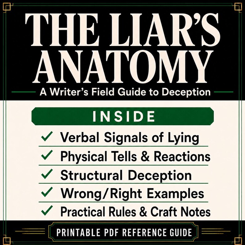 Pode incluir: Um guia de refer&ecirc;ncia em PDF imprim&iacute;vel intitulado The Liar's Anatomy: A Writer's Field Guide to Deception. O texto lista conte&uacute;dos incluindo Verbal Signals of Lying, Physical Tells & Reactions, Structural Deception, Wrong/Right Examples e Practical Rules & Craft Notes.