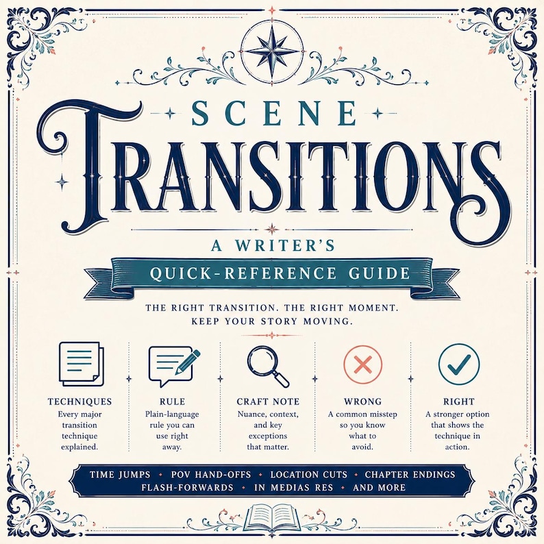 Pode incluir: Um guia instrutivo quadrado intitulado SCENE TRANSITIONS: A WRITER'S QUICK-REFERENCE GUIDE. Apresenta um &iacute;cone de b&uacute;ssola, cinco &iacute;cones circulares com etiquetas para t&eacute;cnicas, regras, notas, erros e exemplos corretos, e uma lista de t&oacute;picos.