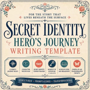 May include: A cream-coloured writing template titled Secret Identity Hero's Journey with dark blue and red text. It features six circular icons representing writing tools, floral corner accents, and a bottom banner labelled Structured, Prompt-Guided, Transformational.