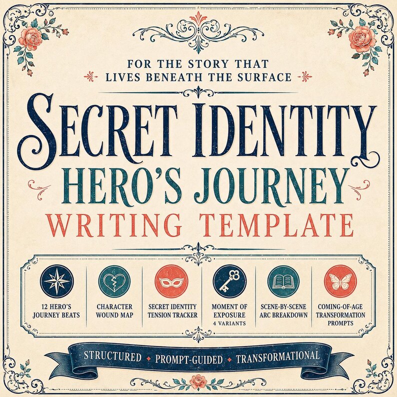 May include: A cream-coloured writing template titled Secret Identity Hero's Journey with dark blue and red text. It features six circular icons representing writing tools, floral corner accents, and a bottom banner labelled Structured, Prompt-Guided, Transformational.