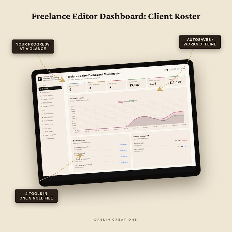 Dashboard für freiberufliche Redakteure | Kundenliste, Projektpipeline & Honorarrechner | HTML-Tool zur Erfolgsmessung im Redaktionsbereich Bild 6