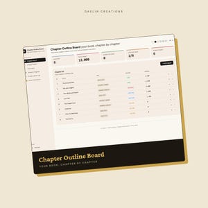 May include: A digital Chapter Outline Board interface by Daelin Creations featuring a dashboard with book progress metrics, including total words, chapter counts, and a detailed list of chapters with status, arc, and word count columns in a light theme.