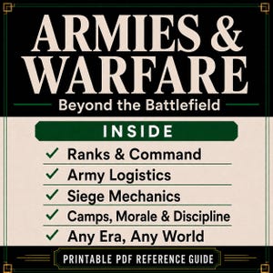 May include: A printable PDF reference guide titled ARMIES & WARFARE Beyond the Battlefield. The document lists contents including Ranks & Command, Army Logistics, Siege Mechanics, Camps, Morale & Discipline, and Any Era, Any World with green checkmarks.