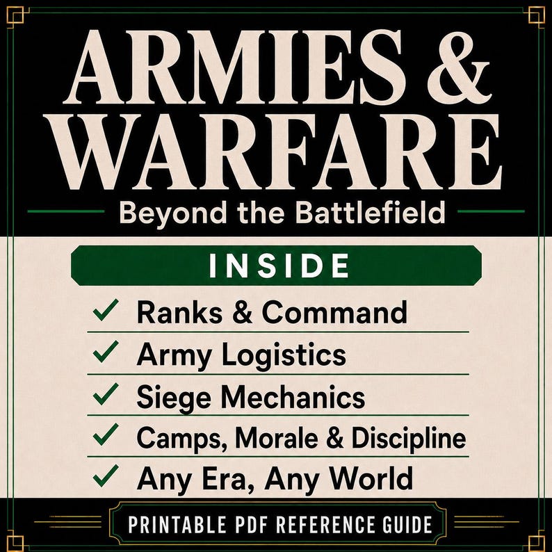 May include: A printable PDF reference guide titled ARMIES & WARFARE Beyond the Battlefield. The document lists contents including Ranks & Command, Army Logistics, Siege Mechanics, Camps, Morale & Discipline, and Any Era, Any World with green checkmarks.