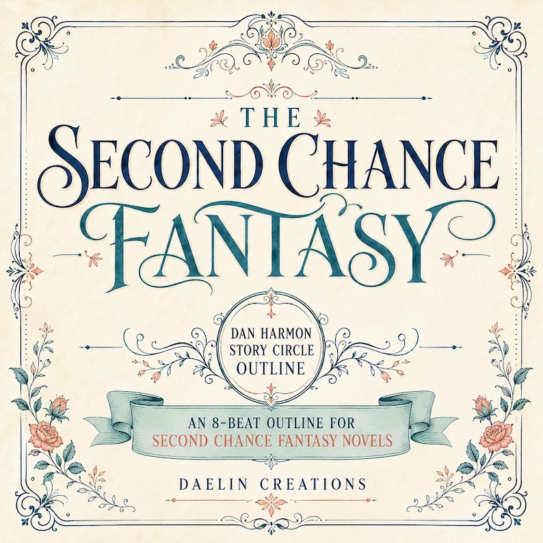 K&ouml;nnte beinhalten: Ein quadratischer Grafikdruck mit dem Text THE SECOND CHANCE FANTASY, DAN HARMON STORY CIRCLE OUTLINE, AN 8-BEAT OUTLINE FOR SECOND CHANCE FANTASY NOVELS und DAELIN CREATIONS. Das Design enth&auml;lt blaue Schriftz&uuml;ge und florale R&auml;nder.
