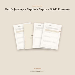 May include: A 21-page story outline template for a Hero's Journey, Captive-Captor, and Sci-Fi Romance narrative. The document features white pages with structured text fields, headings, and a neutral beige background with the text Daelin Creations.