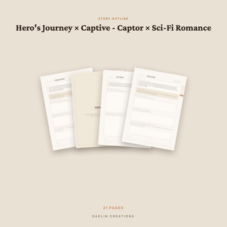 May include: A 21-page story outline template for a Hero's Journey, Captive-Captor, and Sci-Fi Romance narrative. The document features white pages with structured text fields, headings, and a neutral beige background with the text Daelin Creations.