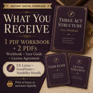 May include: A digital download graphic with the text "WHAT YOU RECEIVE" and "INSTANT DIGITAL DOWNLOAD". The image shows a workbook and two PDFs: a workbook, a user guide, and a license agreement. The workbook is titled "THREE ACT STRUCTURE Story Workbook".