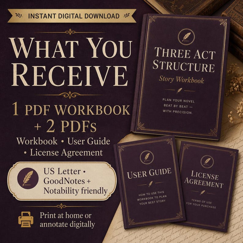 May include: A digital download graphic with the text "WHAT YOU RECEIVE" and "INSTANT DIGITAL DOWNLOAD". The image shows a workbook and two PDFs: a workbook, a user guide, and a license agreement. The workbook is titled "THREE ACT STRUCTURE Story Workbook".