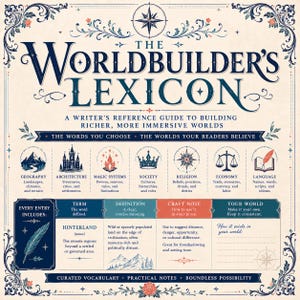 May include: A reference guide titled The Worldbuilder's Lexicon, featuring dark blue text and decorative floral borders on a cream background. It includes sections for geography, architecture, magic, society, religion, economy, and language.
