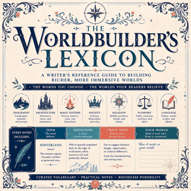 May include: A reference guide titled The Worldbuilder's Lexicon, featuring dark blue text and decorative floral borders on a cream background. It includes sections for geography, architecture, magic, society, religion, economy, and language.