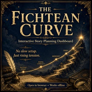 May include: A dark blue graphic with gold text that reads "The Fichtean Curve" and "Interactive Story Planning Dashboard." A glowing path ascends a mountain, labeled with story elements. Includes a quill, inkwell, books, and compass.