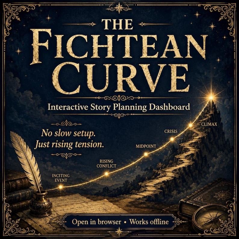 May include: A dark blue graphic with gold text that reads "The Fichtean Curve" and "Interactive Story Planning Dashboard." A glowing path ascends a mountain, labeled with story elements. Includes a quill, inkwell, books, and compass.