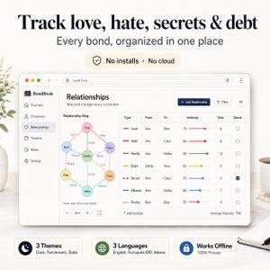 May include: A digital interface for BondBook software displaying a relationship map and data table. Text includes 'Track love, hate, secrets & debt', 'Every bond, organised in one place', 'No installs', 'No cloud', '3 Themes', '3 Languages', and 'Works Offline'.