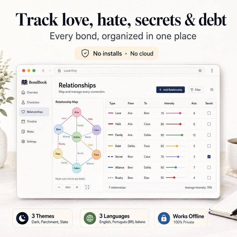 May include: A digital interface for BondBook software displaying a relationship map and data table. Text includes 'Track love, hate, secrets & debt', 'Every bond, organised in one place', 'No installs', 'No cloud', '3 Themes', '3 Languages', and 'Works Offline'.