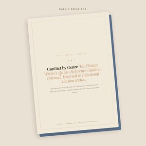 Pode incluir: Um documento retangular com uma capa na cor creme e uma borda azul escura. O texto diz: Daelin Creations, Conflict by Genre: The Fiction Writer's Quick-Reference Guide to Internal, External & Relational Tension Ratios, 30 p&aacute;ginas.