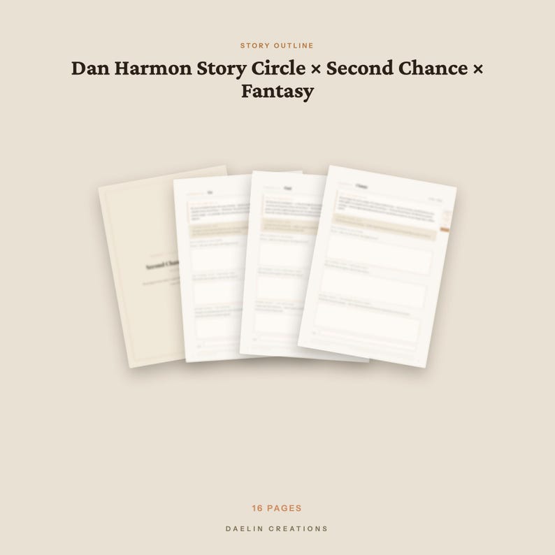 K&ouml;nnte beinhalten: Ein 16-seitiges Story-Outline-Dokument mit dem Titel Dan Harmon Story Circle x Second Chance x Fantasy. Das Dokument hat einen beigen Einband und wei&szlig;e Innenseiten mit strukturierten Textfeldern f&uuml;r die Erz&auml;hlplanung, gebrandet von Daelin Creations.