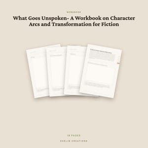 Op de afbeelding: Een werkboek getiteld What Goes Unspoken- A Workbook on Character Arcs and Transformation for Fiction. Het document bestaat uit 18 pagina's, weergegeven als vier overlappende witte vellen met gedrukte tekst en lege schrijfvelden.