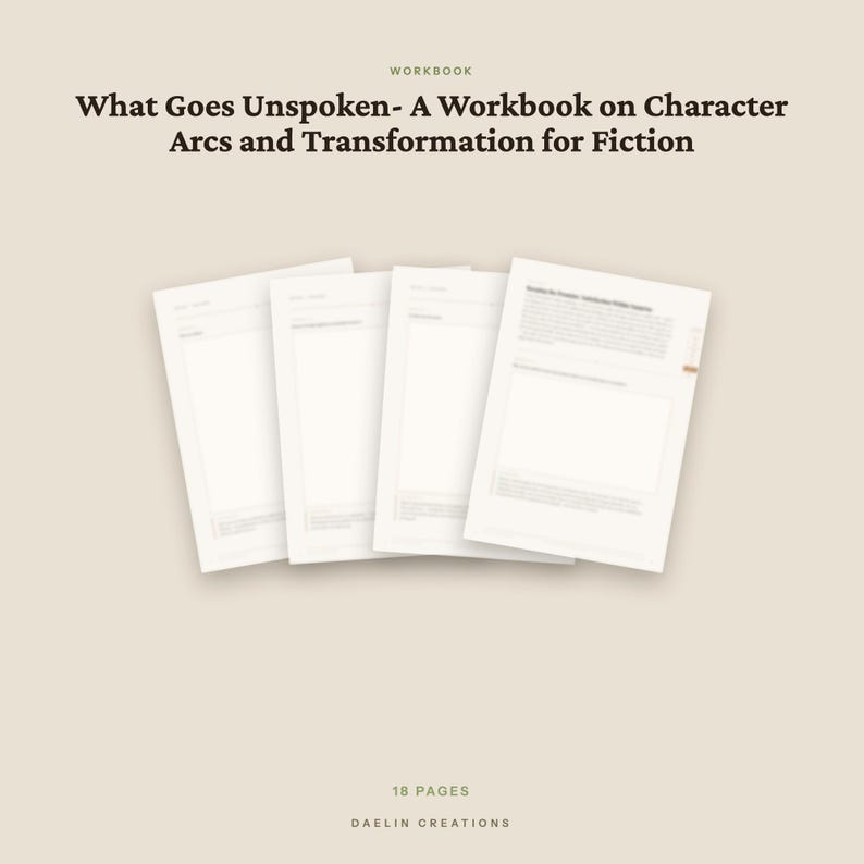 Op de afbeelding: Een werkboek getiteld What Goes Unspoken- A Workbook on Character Arcs and Transformation for Fiction. Het document bestaat uit 18 pagina's, weergegeven als vier overlappende witte vellen met gedrukte tekst en lege schrijfvelden.