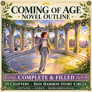 Op de afbeelding: Een Coming of Age roman-overzichtsdocument met een centrale illustratie van een persoon in een stenen boogcirkel. De tekst luidt Coming of Age Novel Outline, Complete & Filled, 15 Chapters, Dan Harmon Story Circle, Outline + Codex + Worldbuilding.