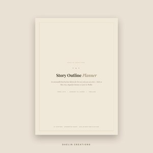May include: A beige digital planner page titled Story Outline Planner. The text reads: An annotatable beat-by-beat skeleton for the story only you can write&mdash;built on Three Acts, shaped for Enemies to Lovers in Thriller. Includes 14 chapters.