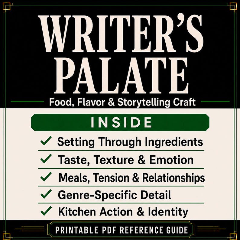 May include: A rectangular printable PDF reference guide titled WRITER'S PALATE Food, Flavor & Storytelling Craft. The design features a black background with cream text and a green banner listing five check-marked topics: Setting Through Ingredients, Taste, Texture & Emotion, Meals, Tension & Relationships, Genre-Specific Detail, and Kitchen Action & Identity.
