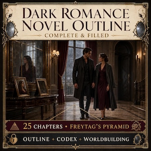 Puede incluir: Un documento digital titulado Dark Romance Novel Outline Complete & Filled. Presenta una imagen central de dos personas en una habitación oscura, texto que indica 25 Chapters, Freytag's Pyramid y Outline + Codex + Worldbuilding, enmarcado por bordes ornamentados.