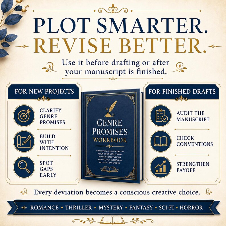 May include: A dark blue hardcover book titled Genre Promises Workbook with gold lettering and a quill icon. The surrounding text reads Plot Smarter. Revise Better. It includes sections for new projects and finished drafts with bulleted lists.