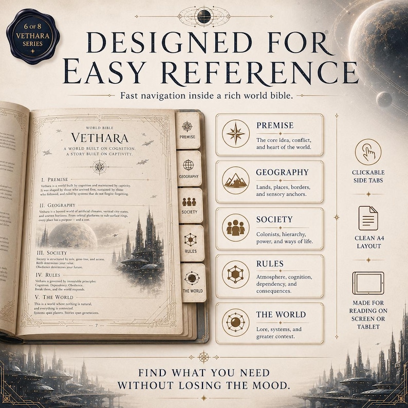 May include: A digital world bible titled Vethara, featuring a page with sections on premise, geography, society, rules, and the world. The layout includes clickable side tabs, a clean A4 format, and text explaining the design for easy reference.